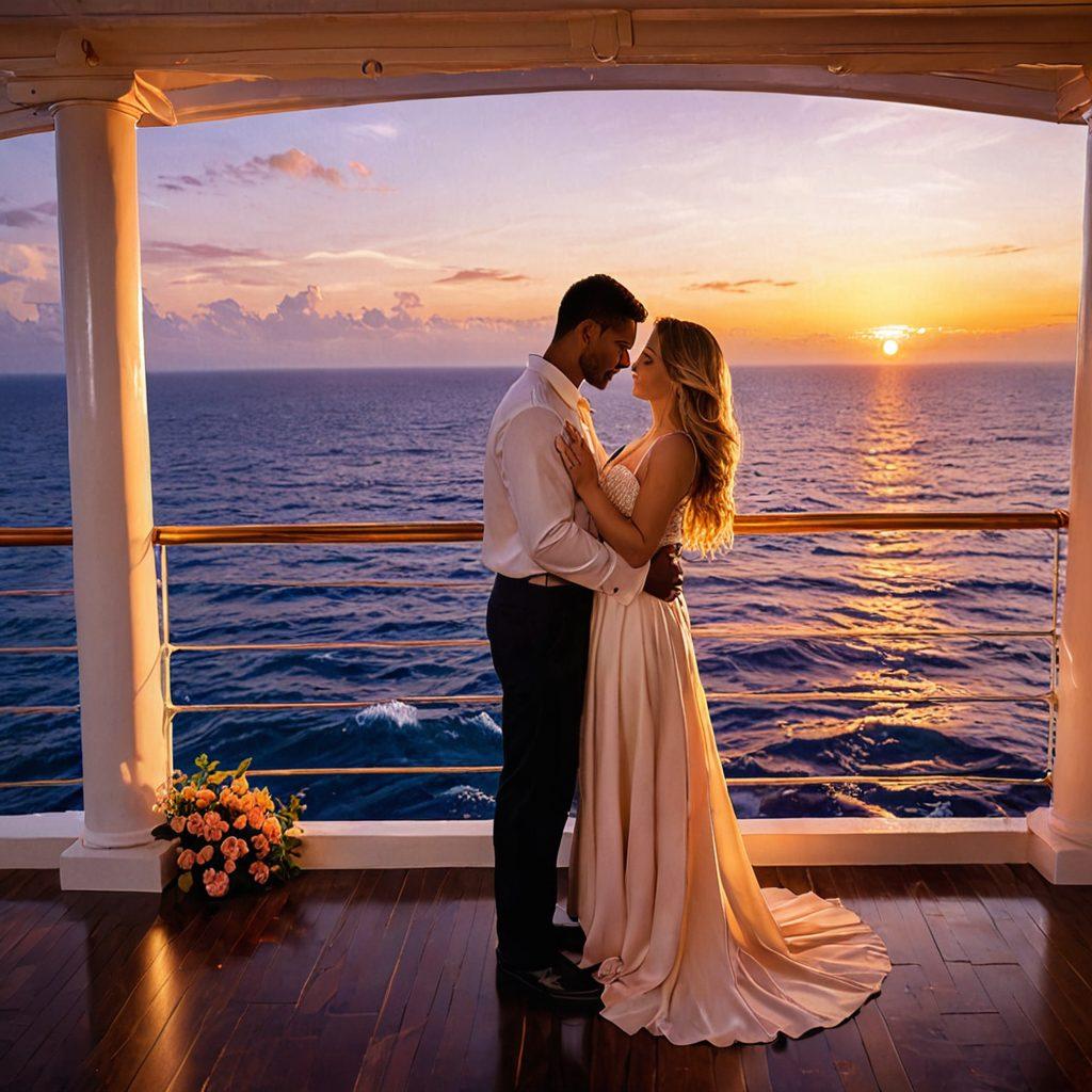 A tranquil sunset scene on a luxurious cruise ship, with a loving couple enjoying a romantic moment on the deck, surrounded by gentle ocean waves and soft, golden light. The backdrop features a colorful sky blending oranges, pinks, and purples, adding a dreamy atmosphere. Include heart-shaped decorative elements and tropical flowers to enhance the romantic vibe. super-realistic. vibrant colors.