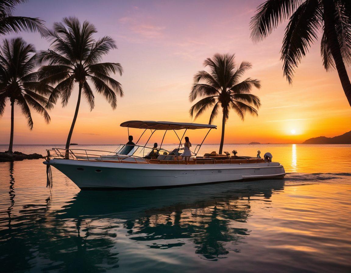 A romantic sunset scene on a luxury cruise ship, with a couple holding hands at the bow, surrounded by tropical islands in the distance. Soft waves lap against the ship as palm trees sway gently in the breeze. The sky is painted in warm hues of orange and pink, reflecting on the calm ocean. Include elements like a champagne bottle and glasses on a nearby table. super-realistic. vibrant colors. dreamy atmosphere.