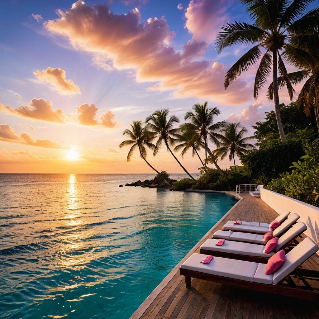 A breathtaking view of a luxurious cruise ship sailing through crystal-clear turquoise waters, surrounded by stunning tropical islands. The deck features elegantly arranged sun loungers, a couple sharing a romantic moment, and a backdrop of a glowing sunset with vibrant hues of orange and pink. Palm trees sway gently in the breeze, and soft white sand beaches are visible in the distance. Enhance with a dreamlike, romantic atmosphere. super-realistic. vibrant colors. sunset backdrop.